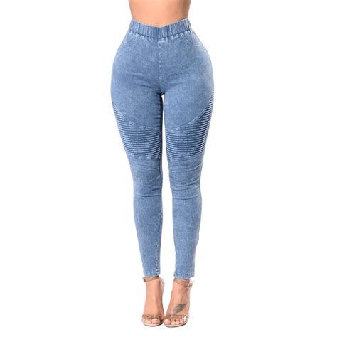 2018 new women rubber elastic waistband high waist jeans fashion denim pencil pants sexy push up