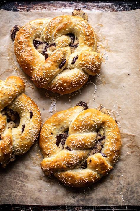 When the pretzels come out of the oven, allow them to cool to the touch, then dip them, pumpkin side down, into the white chocolate and cover with sprinkles. Chocolate Chip Cookie Stuffed Soft Pretzels. - Half Baked ...