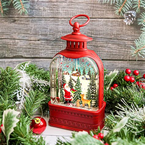 Lighted Christmas Snow Globe Lantern Swirling Glitter Water Santa