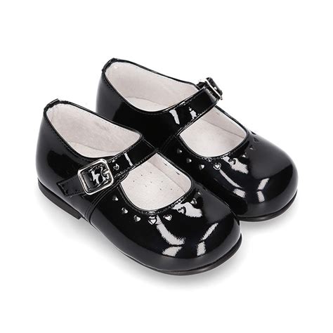 Classic Black Patent Leather Little Mary Janes With Perforated Heart