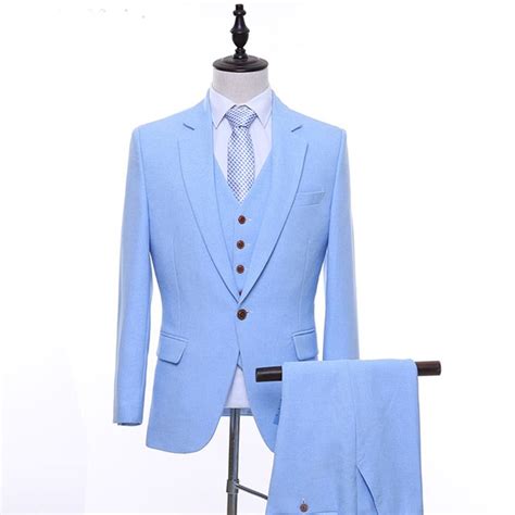 Sky Blue Evening Party Men Suits Three Piece Jacket Pant Vest Notched