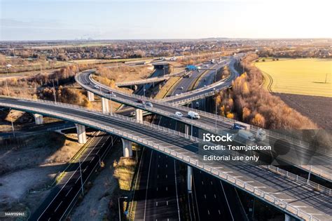 Aerial View Of A Complex Motorway Road Layout In The Uk Countryside