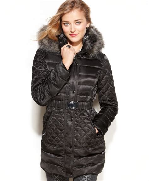 Guess Coat Hooded Faux Fur Trim Quilted Puffer Quilted Puffer Jacket