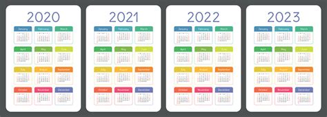 Calendar 2020 2021 2022 And 2023 English Colorful Vector Set Vertical