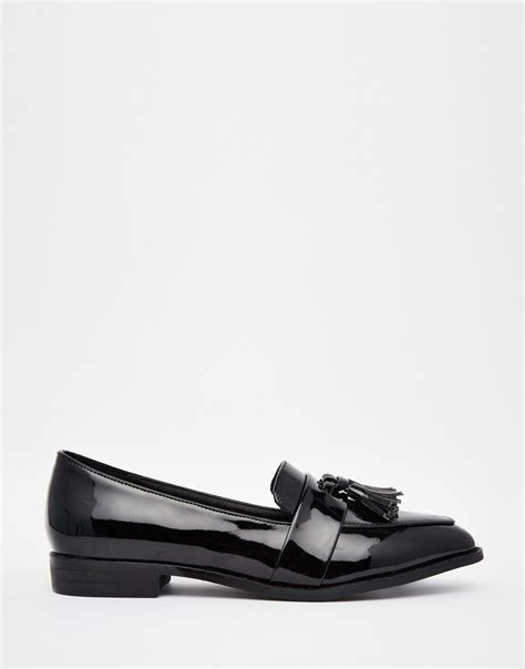 Daisy Street Black Patent Tassel Flat Loafer Shoes In Black Lyst