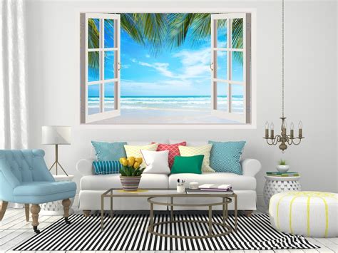 3d Window Beach Decal Plam Murals 3d Wall Decor Vinyl Wall Etsy