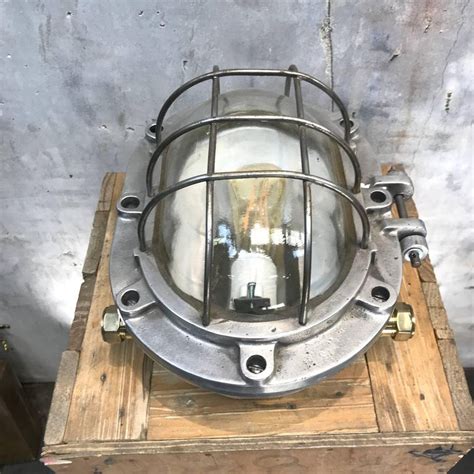 Extra Large British Industrial Aluminium Bulkhead Light, Glass Dome and Steel Cage at 1stdibs