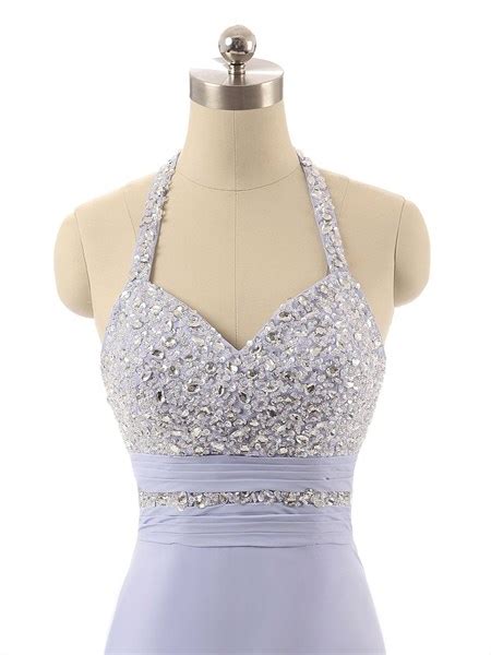 Lavender Beaded Bodice Halter Neck Chiffon Formal Dress With Open Back Next Prom Dresses