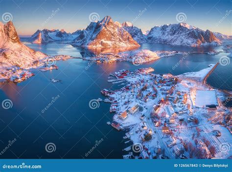 Aerial View Of Reine At Sunrise In Winter In Norway Top View Stock
