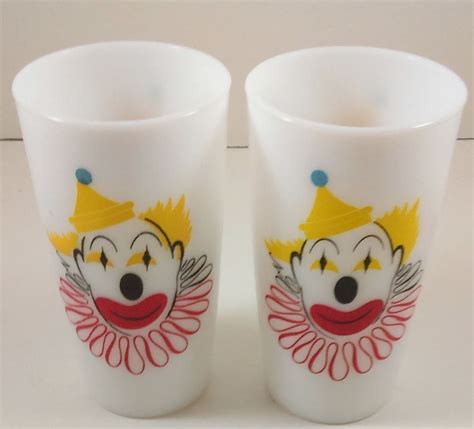 Hazel Atlas Vintage Tumblers White Milk Glass Clowns Tall Set Of