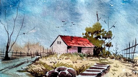 Watercolor Painting For Beginners Village House Landscape Tutorial