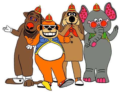 Three Cartoon Characters Are Standing Next To Each Other And One Is Wearing An Elephant Costume