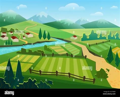 Green Fields And Mountains Flat Vector Illustration Rural Landscape