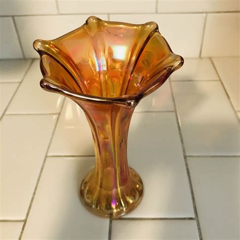 Vintage Carnival Glass Vase Paneled Sides Marigold Iridescent Wide Rim