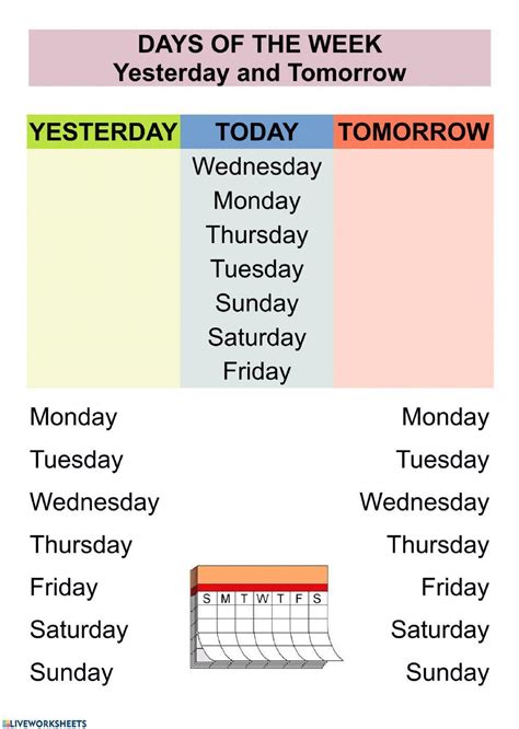 Days Of The Week Yesterday And Tomorrow Worksheet Live Worksheets