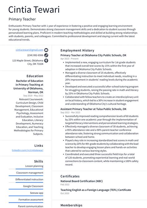 Primary Teacher Resume Examples And Templates Resumecat