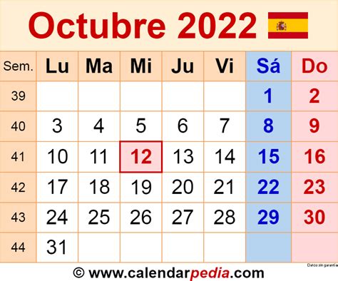 Calendario Octubre 2022 Para Imprimir Gratis
