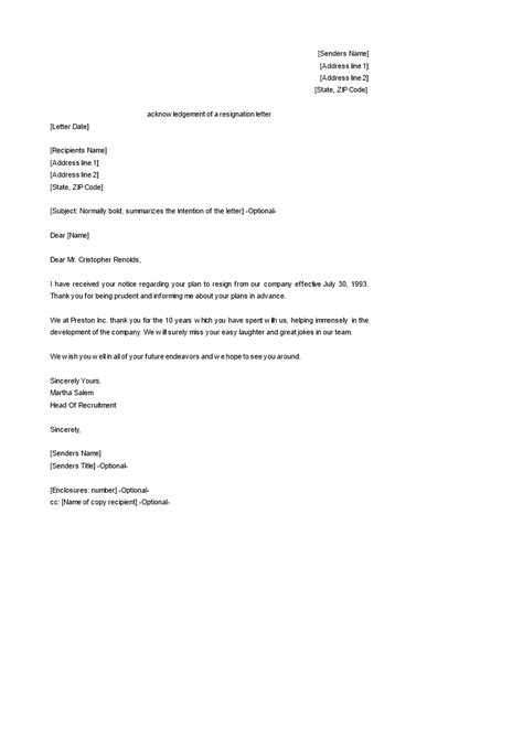 Acknowledgement Of A Resignation Letter Sample Templates At