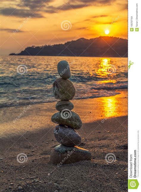 Zen Stone Tower On Sunset Background Stock Photo Image Of Heap