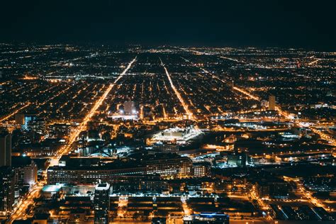 Wallpaper Night City City Lights Aerial View Overview Chicago Hd