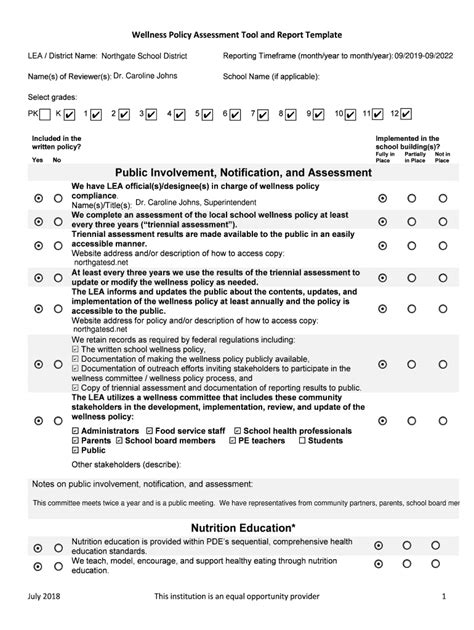 Pa Pde Wellness Policy Assessment Tool And Report Template 2018 2021