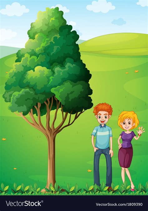 A Couple At The Hilltop Standing Near The Tree Vector Image