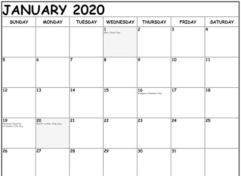 Download Free Fillable January Calendar 2020 Printable Editable With ️