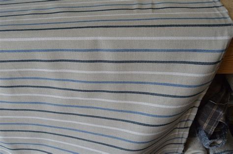 Blue Cream Natural Upholstery Fabric Linen Look Style Stripe Robust