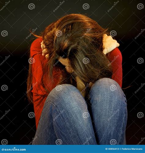 Desperate Woman Crying Holding Herself Stock Image Image Of Assault