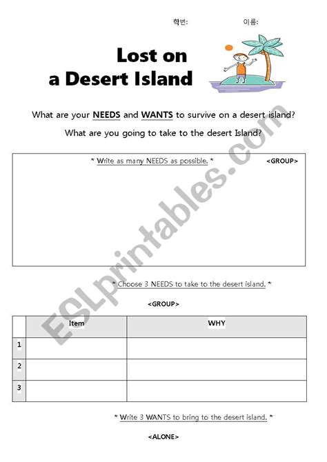 Survival On Desert Island Esl Worksheet By Sdrl5960