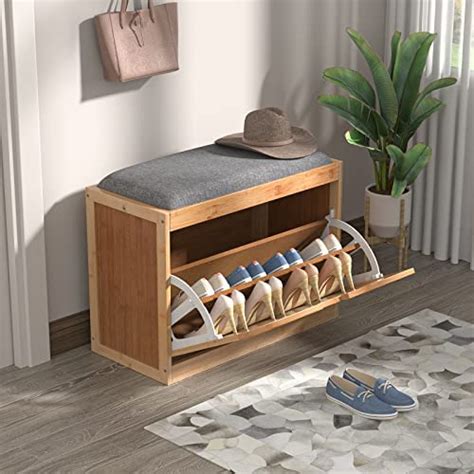 Bamboo Shoe Storage Bench With Flip Drawer Hidden Shoe Storage Cabinet