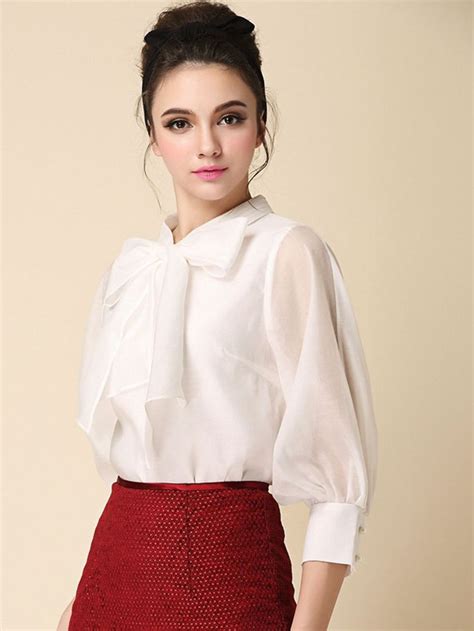 White Bow Front 3 4 Sleeve Organza Shirt Pretty Blouses Classy Outfits For Women