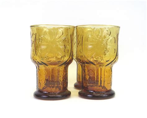 Vintage Libbey Country Garden Amber Glass Tumblers