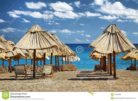 Summer Beach With Chairs And Umbrellas Stock Photo Image Of Mediterranean Outdoor 15596660