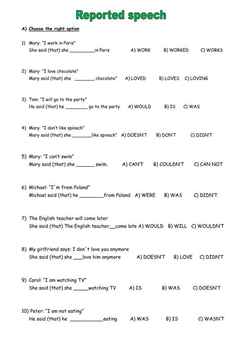 The Worksheet For Reported Speech Is Shown In Green And White Letters Which Are Also