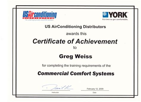 York Us Airconditioning Commercial Comfort Systems Certificate