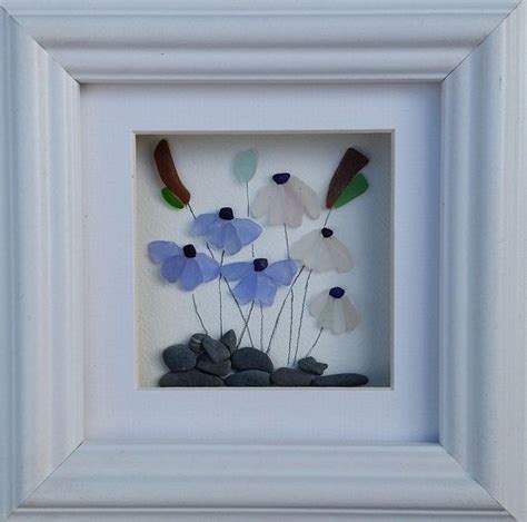 Sea Glass Flowers Sea Glass Art Blue Flowers Made In Cornwall Cornish Pebble Art Mother S