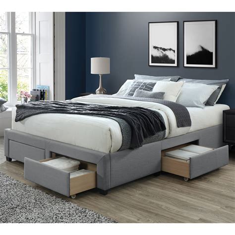 Dg Casa Cosmo Upholstered Platform Bed Frame Base With Storage Drawers Queen Size In Grey Linen