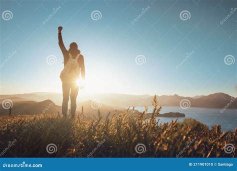 Man Praying At Sunset Mountains Raised Hands Stock Photo Image Of