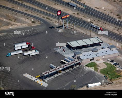 Aerial View Above Texaco Lorry Truck Stop Gas Filling Station Along