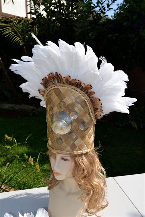 White Feather Headdress With Mother Of Pearl Shells By Islandmana