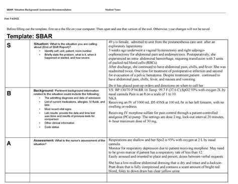 Sbar Form 1 2 Sbar Report Sbar Situation Background Assessment