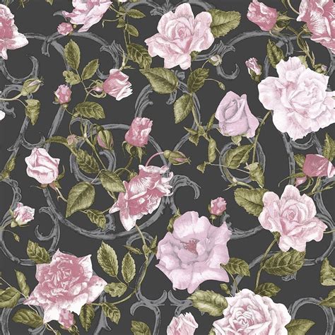 Rose Trellis Floral Wallpaper Black Pink 135501