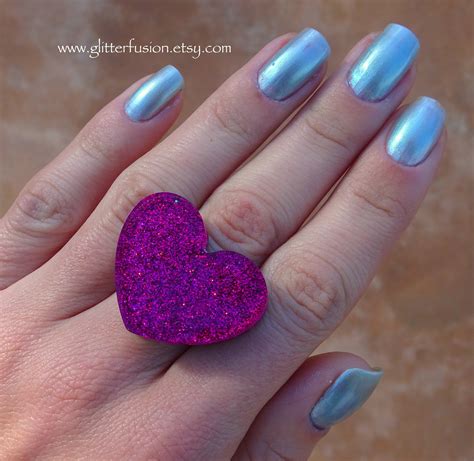Holographic Magenta Glitter Resin Heart Ring Big Pink Chunky Etsy
