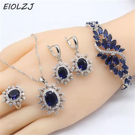 925 Silver Jewelry Sets For Women Sterling Silver Bracelet Sets For Bride Oval Dark Blue Zircon