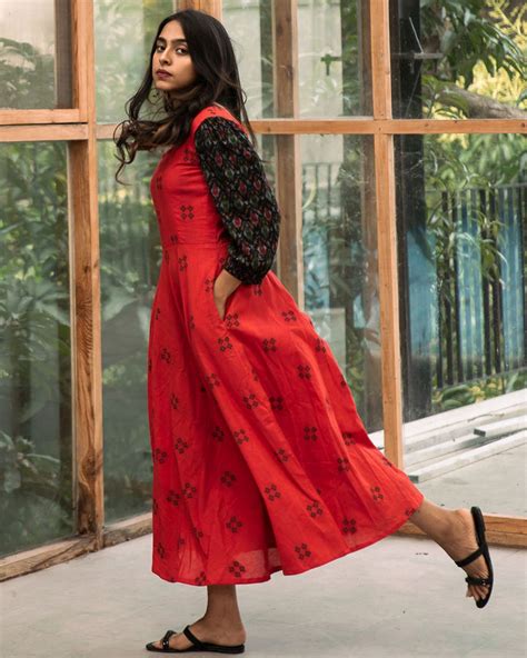 Red Flared Dress With Patola Sleeves By Athira Designs The Secret Label