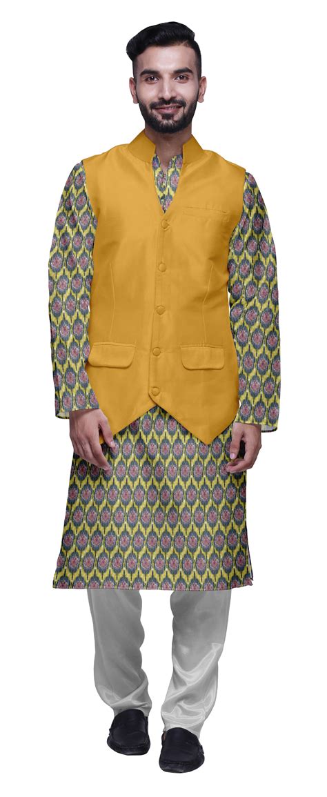 Atasi Cotton Mens Kurta Pajama With Jacket Indian Mandarin Ethnic Wear