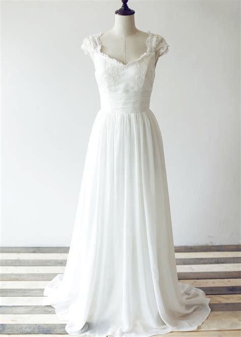 Ivory Lace Cap Sleeves Folded Sash Chiffon Wedding Dress Wedding