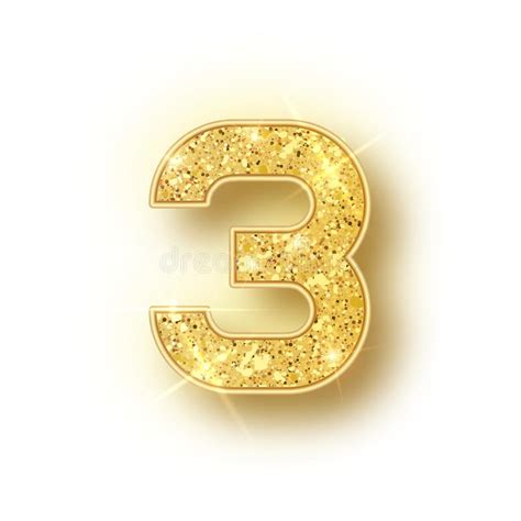 Gold Glitter Alphabet Numbers 3 With Shadow Vector Realistick Shining