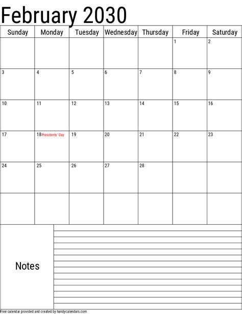 February 2030 Vertical Calendar With Notes And Holidays Handy Calendars